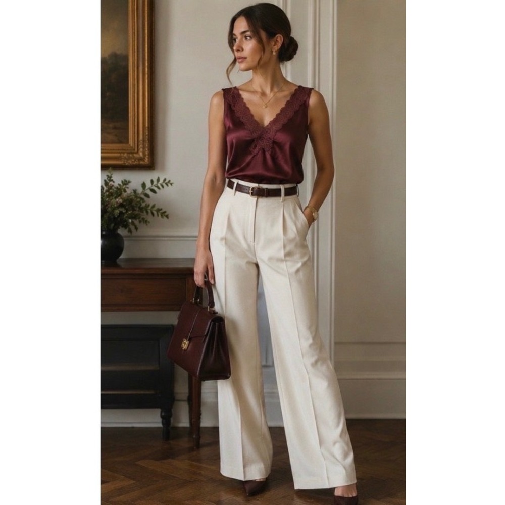 George Stretch Satin Lace Trim Coquette Top Womens XS Burgundy Y2K Old Money